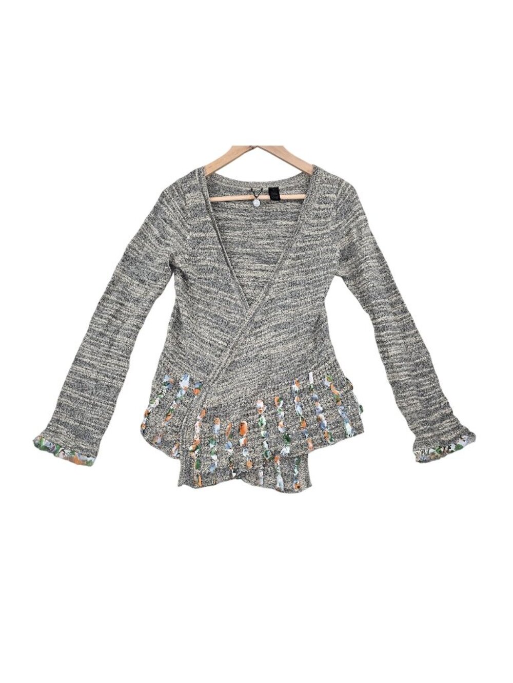 BKE Boutique Wrap-Style Tie Cardigan With Floral Accents Gray Knit Sweater